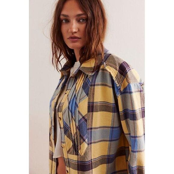 New FREE PEOPLE We The Free Layla Plaid Button Down Shirt $128 X-SMALL Blue - Picture 3 of 5